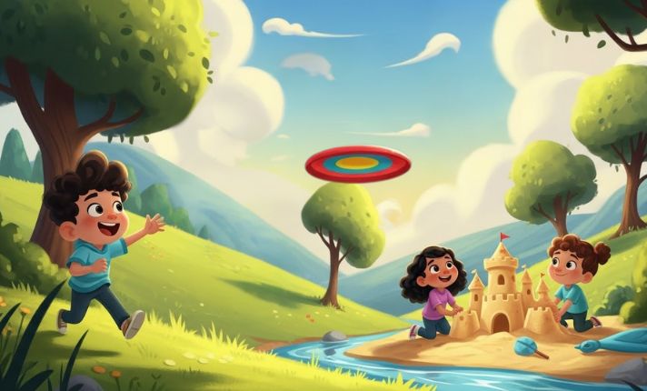 Children's book scene illustration — kids playing outdoors