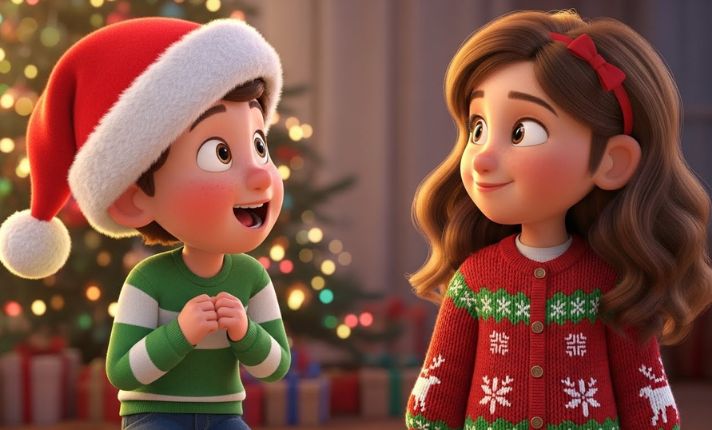 3D children characters illustration — Christmas scene